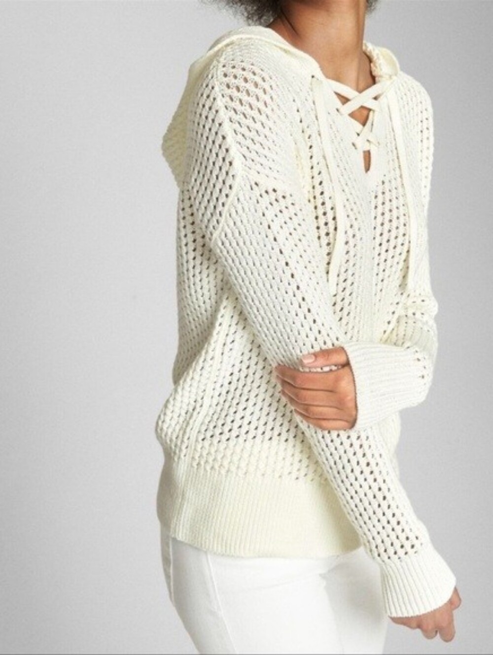 GAP Cream Open-Weave Lace-Up Hoodie Sweater - Women
